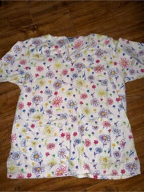 Landau White Floral Short Sleeve Medical Scrub Top with Multicolor Flowers